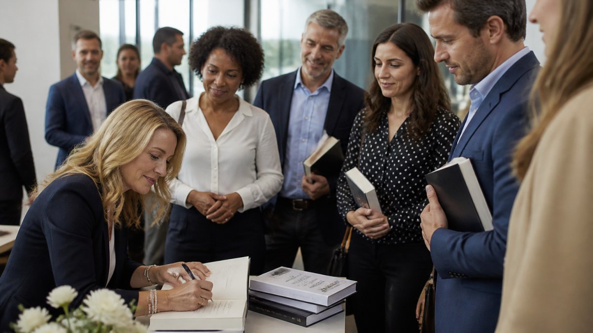 A professional author signing copies of their book at a launch event, with a small crowd of attendees in business casual attire looking on in a bright modern venue
