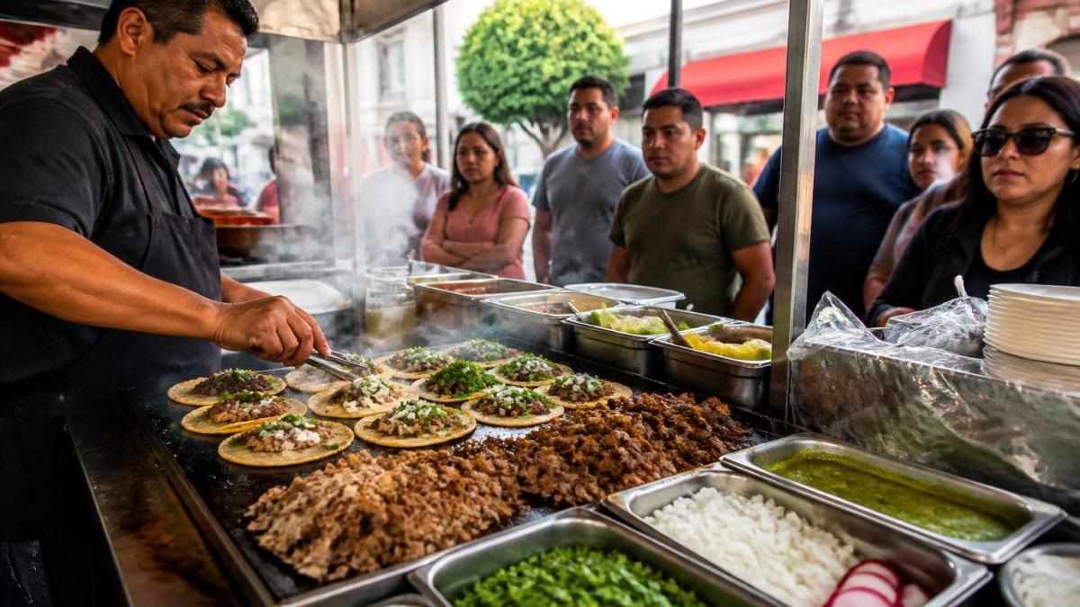 Vibrant outdoor food stall with vendor preparing fresh tacos on a hot griddle, steam rising, colorful toppings and fresh cilantro visible, customers waiting in line