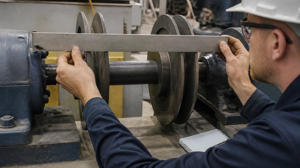 Professional technician using a straightedge tool positioned across two pulleys on an industrial shaft to demonstrate proper horizontal alignment measurement technique, with hands steady and measurements being recorded