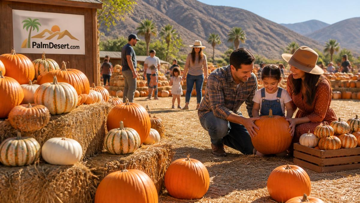 Vibrant display of orange, white, and striped pumpkins arranged on golden hay bales with desert mountains visible in the background, families selecting pumpkins in autumn sunlight
