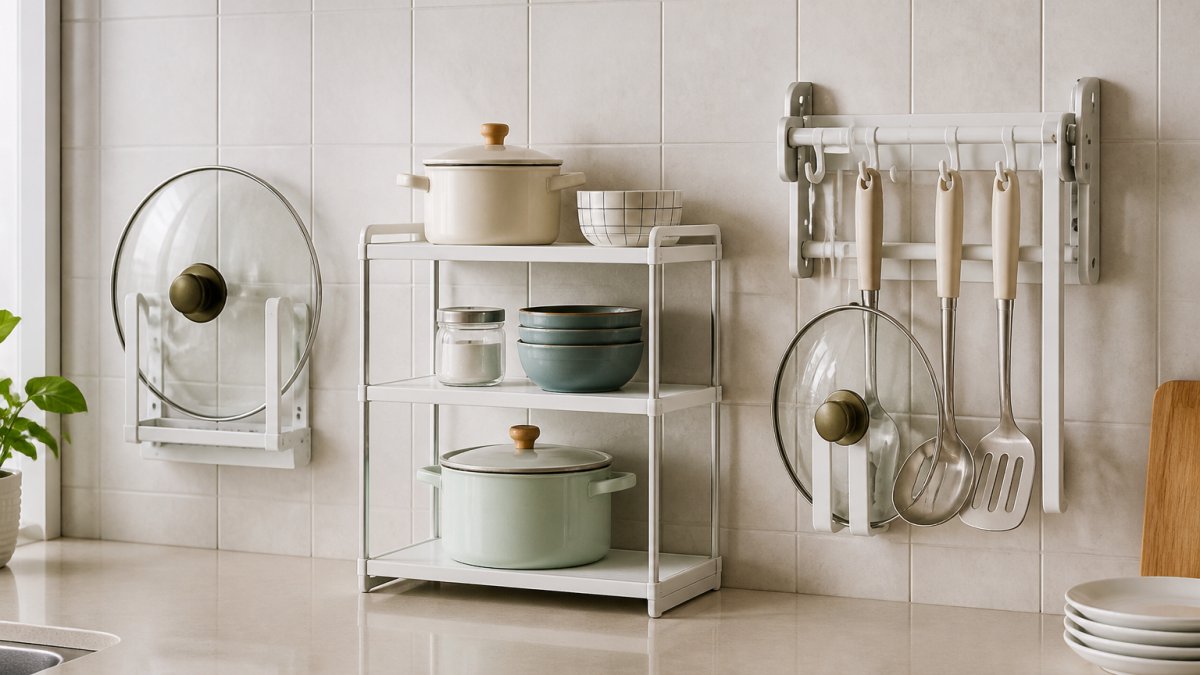 Three wall-mounted and tabletop organizers displaying kitchen tools on a modern countertop