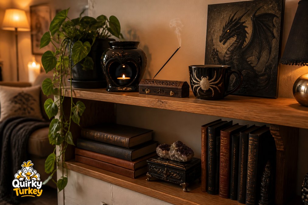 A styled wooden shelf in a cosy living room, holding a black gothic heart oil burner, a wooden incense holder with a lit stick, a black spider teacup and a small dragon wall canvas, arranged among stacked books and a trailing plant, warm evening lamplight