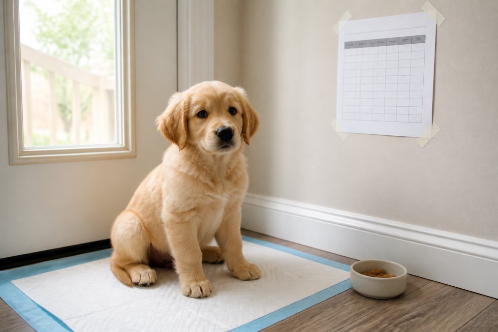 A young golden retriever puppy sitting beside a back door on a puppy pad, a printed daily schedule taped to the wall and a small ceramic bowl of training treats on the floor, soft morning light through a window