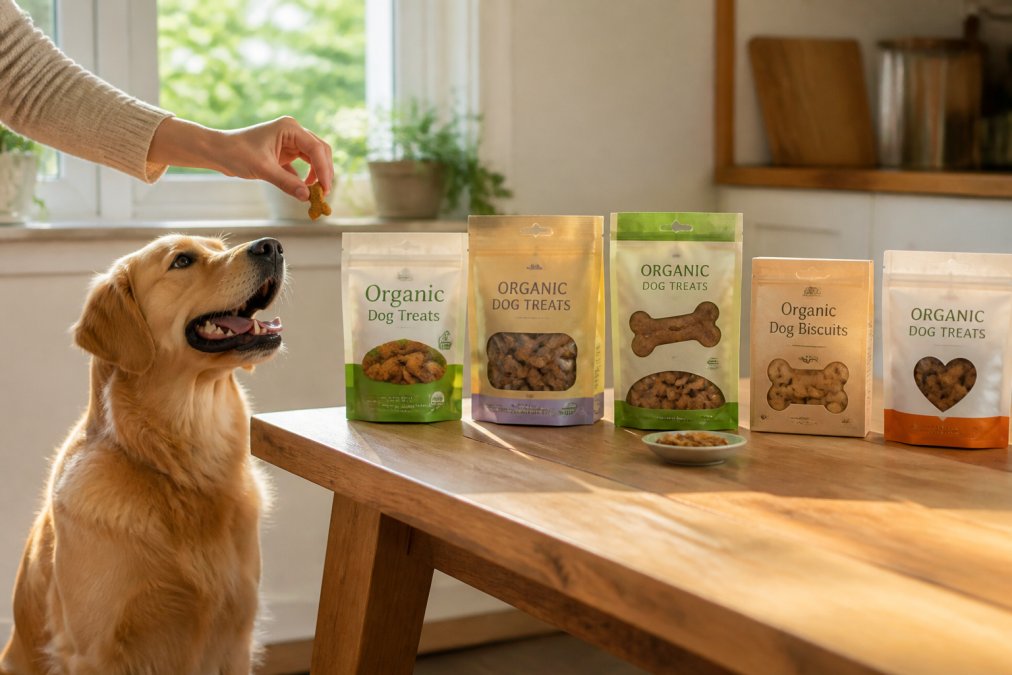 A golden retriever sitting beside a wooden kitchen table displaying five different bags and boxes of organic dog treats, a person's hand reaching down to offer one treat, bright natural window light