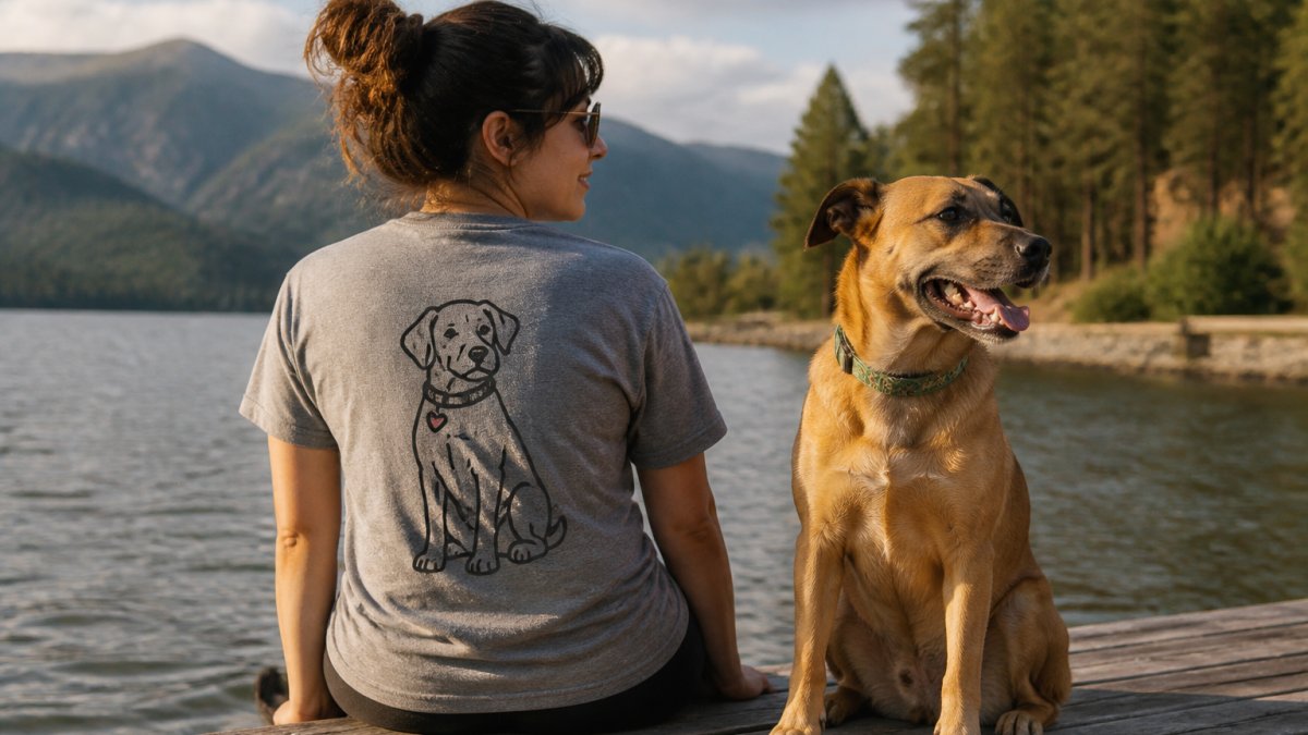 A person wearing a dog-themed t-shirt outdoors near a lake, a rescue dog sitting beside them on a wooden dock, late afternoon sunlight