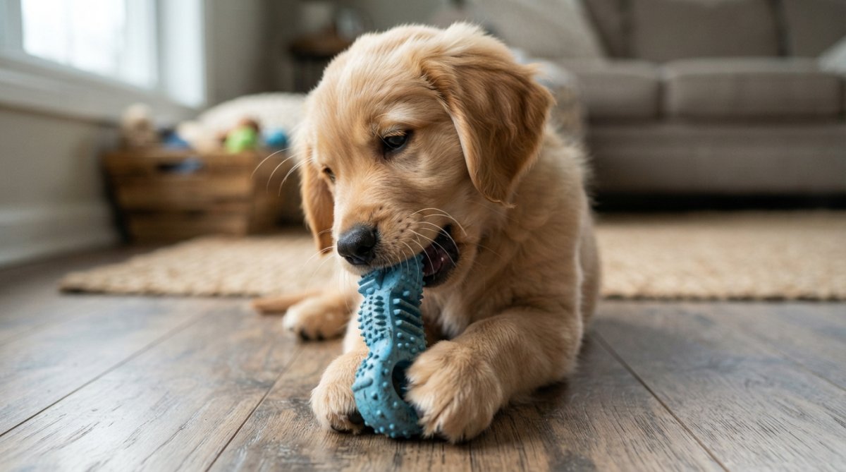 Close-up of a young puppy actively chewing on a durable rubber toy with textured surface, showing focused engagement and concentration with natural lighting highlighting the toy's texture and the puppy's expression