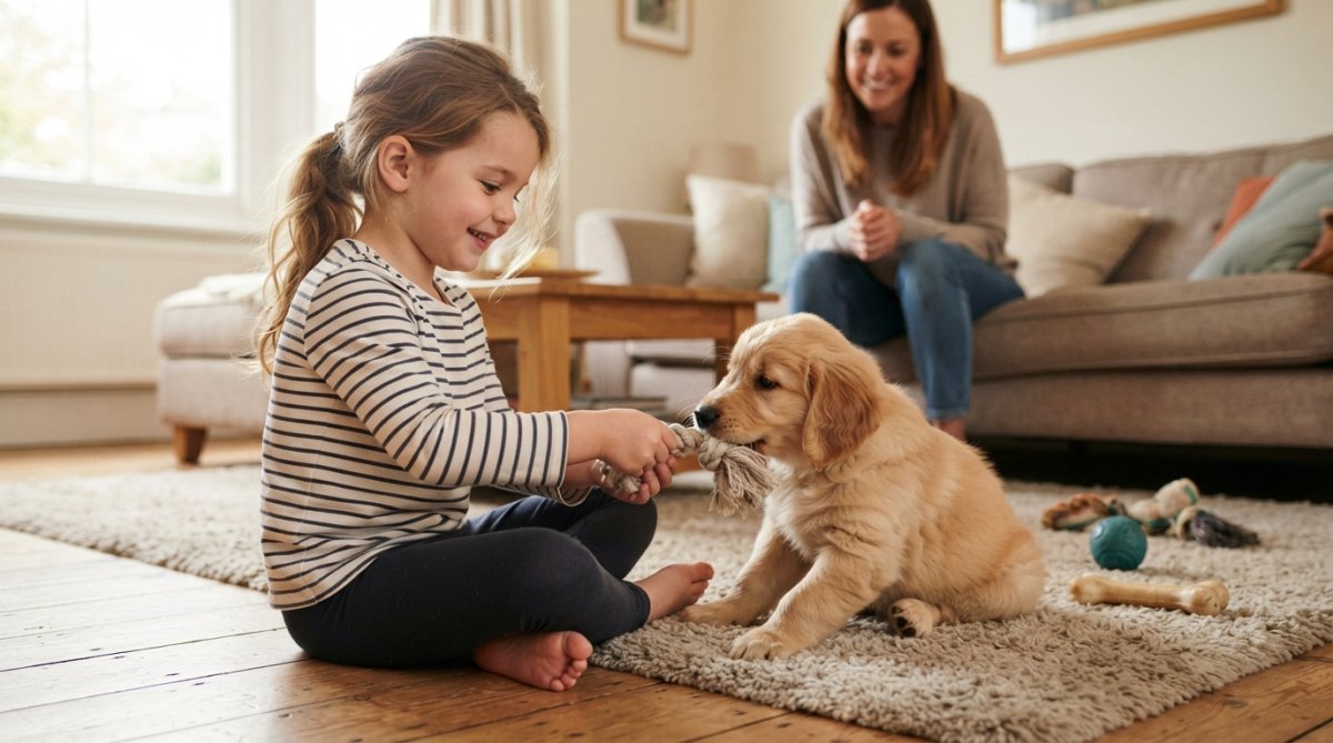 Adult supervising a young child sitting on the floor gently playing with a small puppy, both calm and focused, in a safe home environment with toys nearby and soft natural lighting