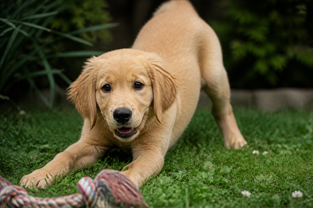 Close-up of a puppy's face showing relaxed soft eyes, slightly open mouth, and forward-facing ears in a play bow position with a toy nearby on grass
