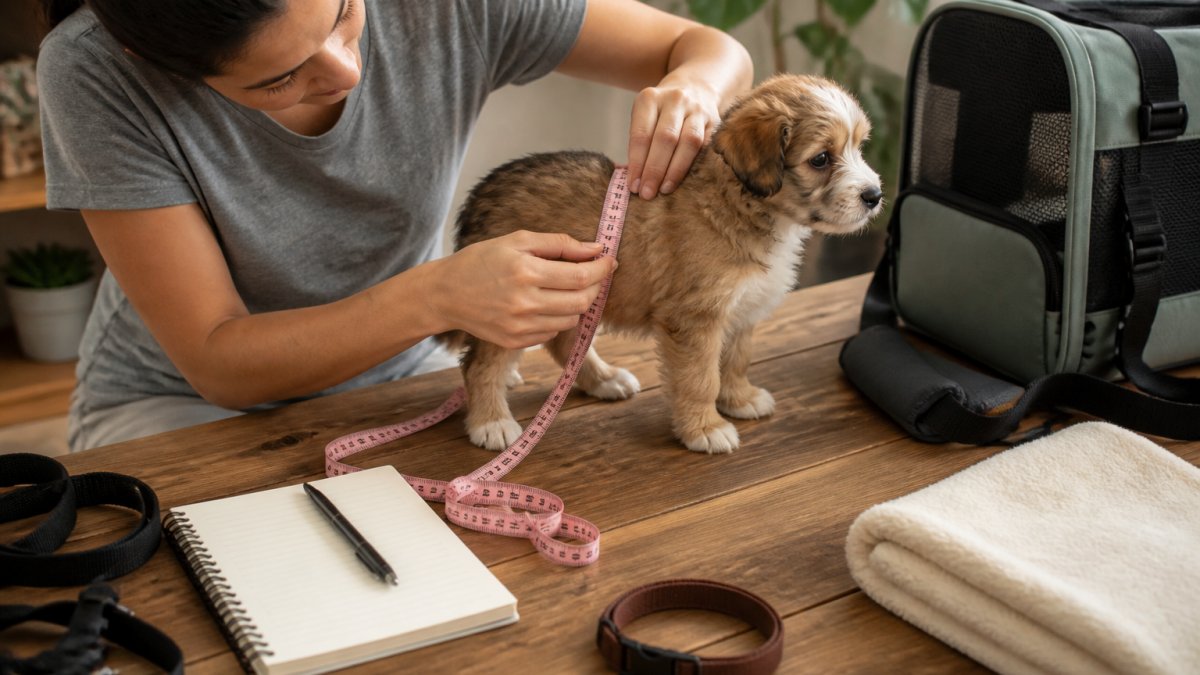A person using a soft measuring tape to measure a small puppy standing on a table, with a notebook nearby for recording dimensions
