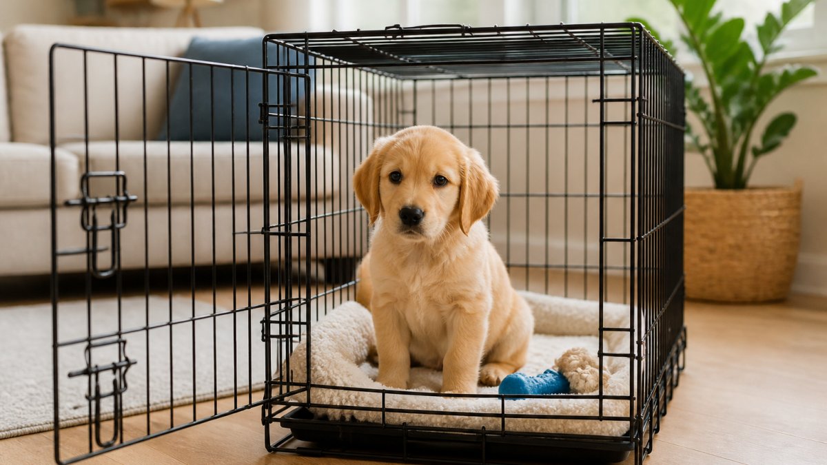 A small puppy sitting calmly inside a wire crate with a soft blanket and a chew toy in a bright living room