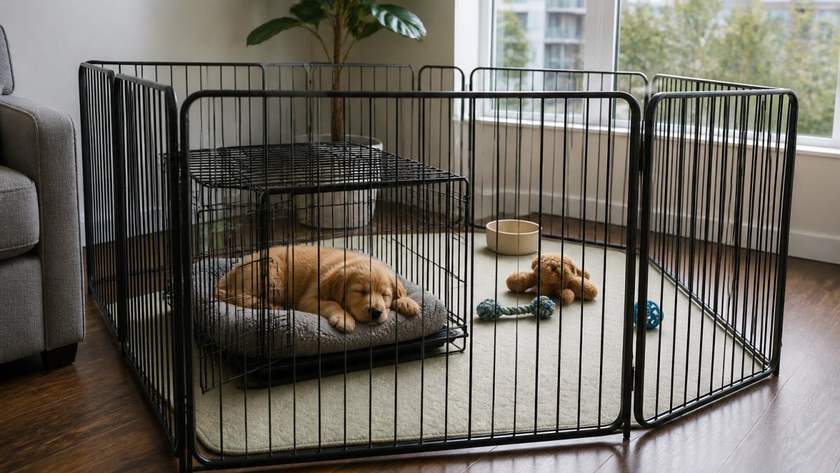 Golden retriever puppy resting in a crate inside a playpen for apartment living as a cozy indoor setup.