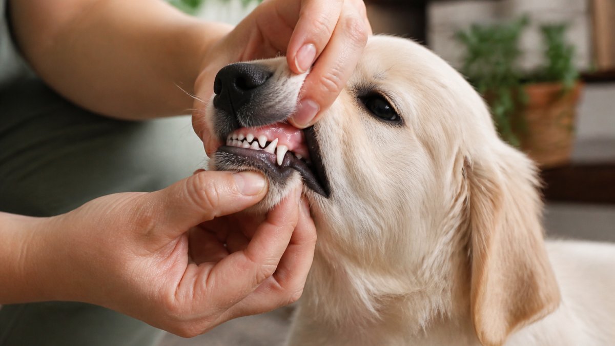 Close-up of hands gently lifting a young puppy's lip to expose teeth and gums, showing calm handling technique with soft natural lighting in a home setting