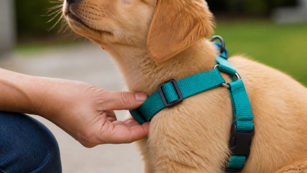 Diagram showing how to check for a two-finger gap when fitting a puppy harness vs collar for leash training.
