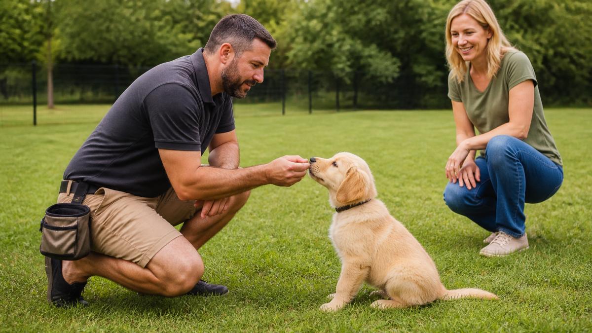A professional dog trainer crouching on a grassy field, gently guiding a young puppy through a sit command with a treat, owner watching nearby