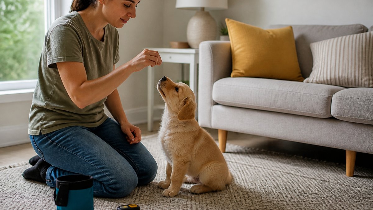 Owner kneeling on a living room floor guiding a puppy to sit with a treat and a clicker nearby