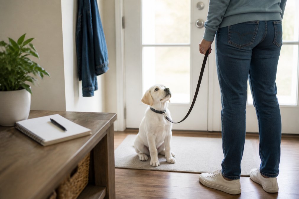 Step-by-step infographic illustrating a puppy potty training schedule with a puppy waiting by the back door.