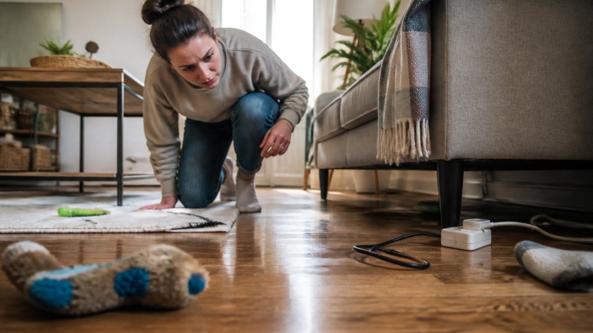 New puppy owner crouching on a living room floor to check for hazards at a dog's eye level