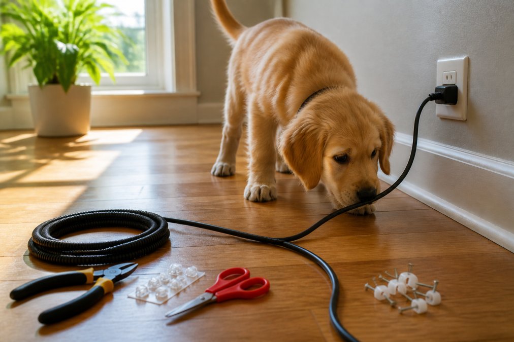 A curious golden retriever puppy sniffing at an electrical cord draped across a hardwood floor near a baseboard, with morning sunlight streaming through a window
