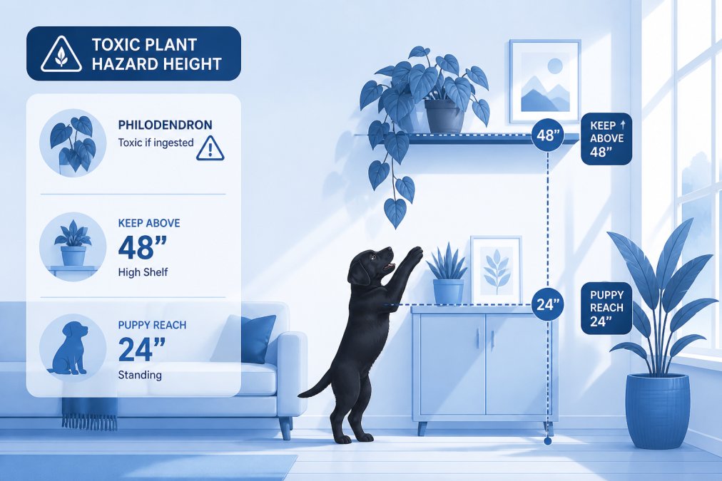 A bright, sunlit living room with potted plants on shelves and a small black Labrador puppy standing on hind legs reaching toward a philodendron plant, showing the height of the hazard