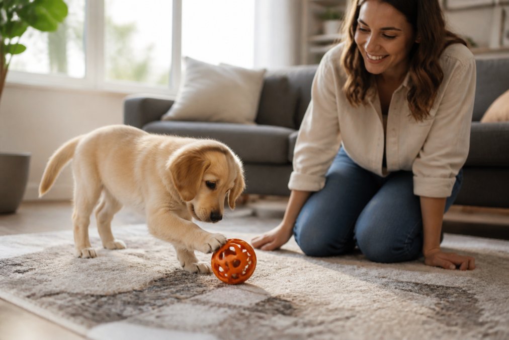A puppy plays with a treat ball on a rug, aiding in puppy socialization during a training session at home.