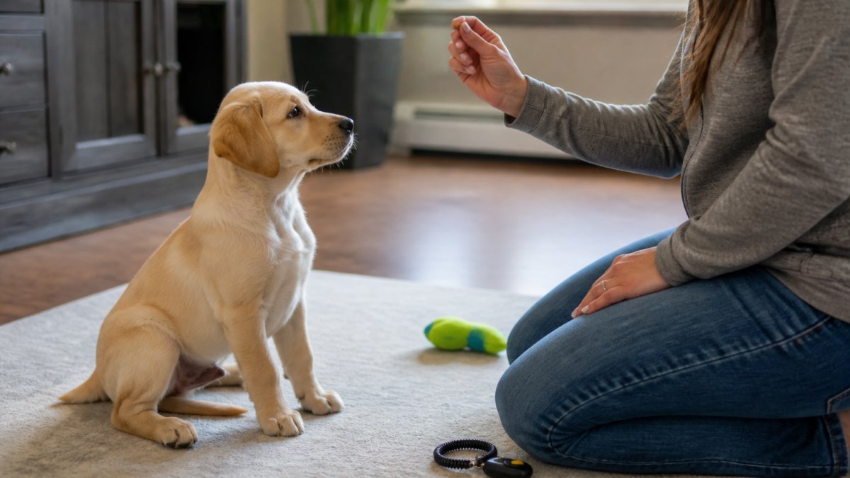Person kneeling to reward a puppy with a treat to build puppy training foundations in a living room