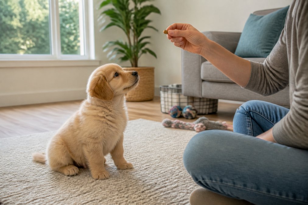 Owner rewarding a focused puppy with a treat to build puppy training foundations in a sunny living room.