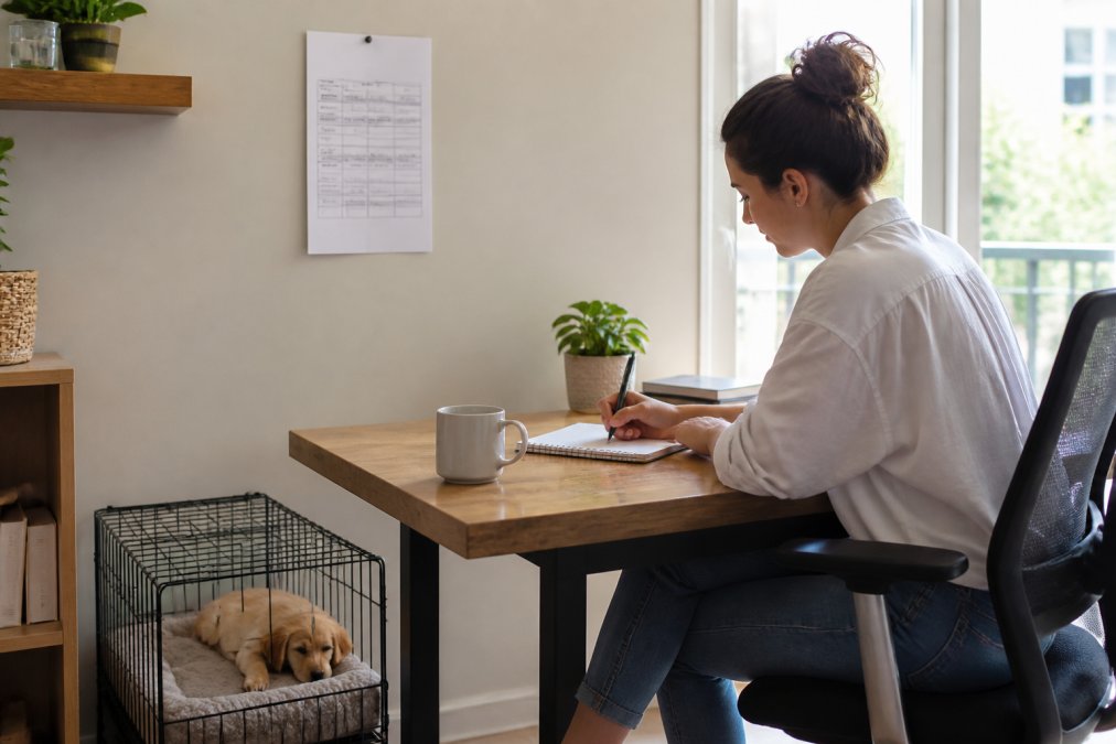 Young professional working at a desk while a puppy rests in a nearby crate with a schedule pinned to the wall