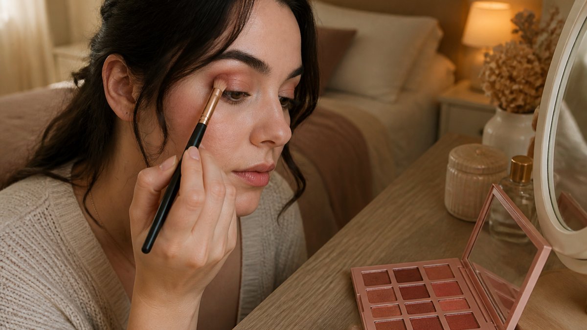 Step-by-step guide for applying warm terracotta and rose eyeshadow shades for a versatile makeup look