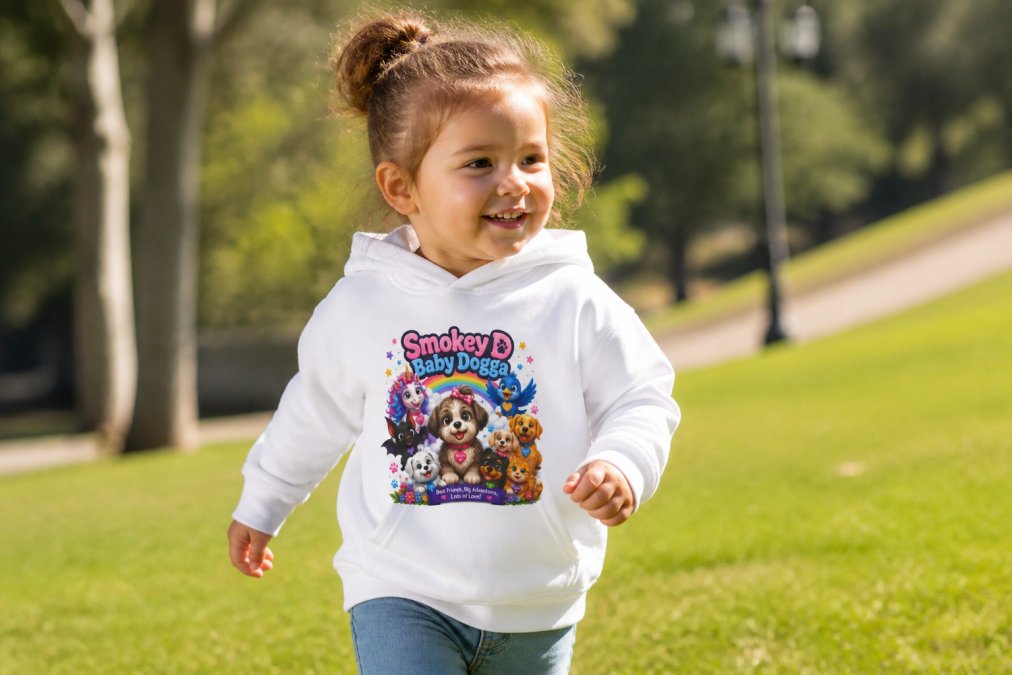 Young child wearing a vibrant Smokey D Baby Dogga hoodie with colorful puppy graphic, playing outdoors in natural sunlight, showing the cozy fit and bright print design