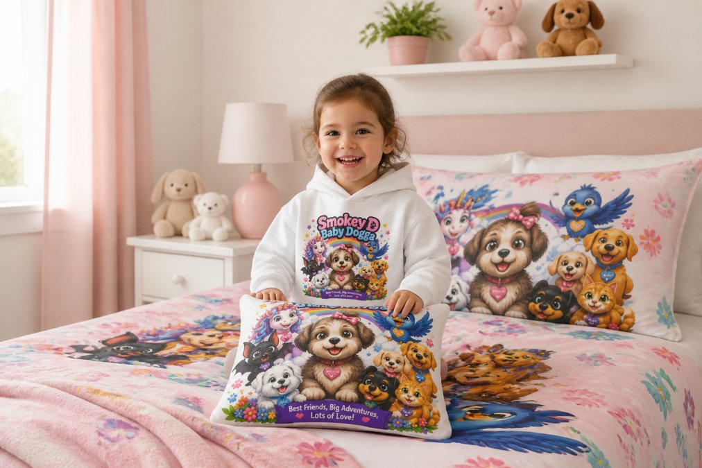 Toddler sitting on a bed with vibrant Smokey D Baby Dogga bedding, holding the decorative pillow and smiling, surrounded by cozy character-themed home decor in soft natural lighting