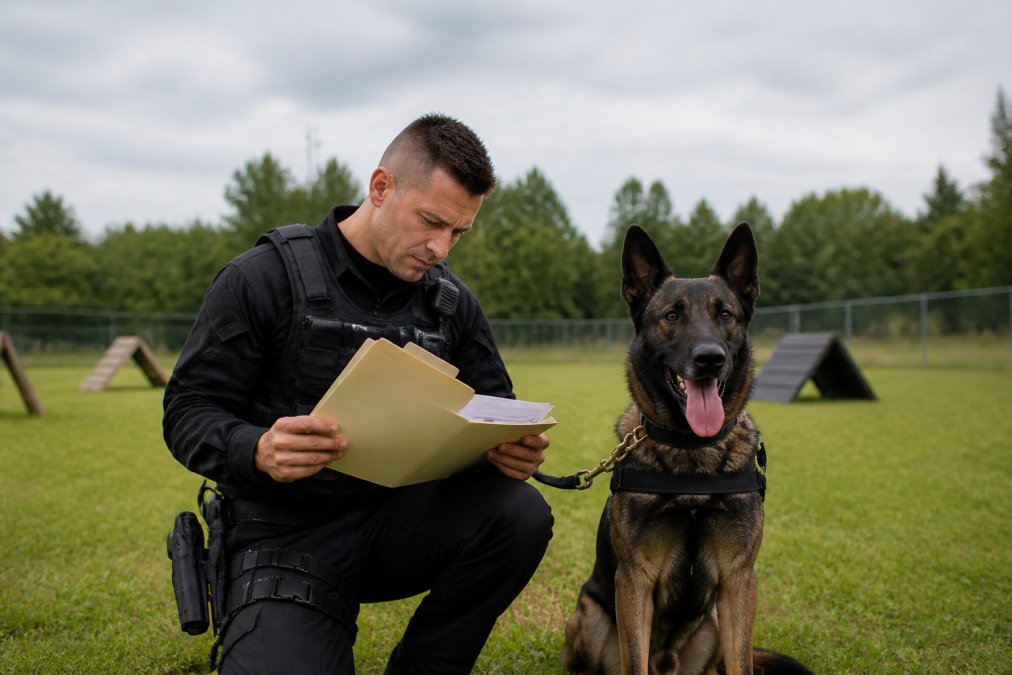 A K9 handler in uniform reviewing digital training records on a tablet beside a police dog in a training field