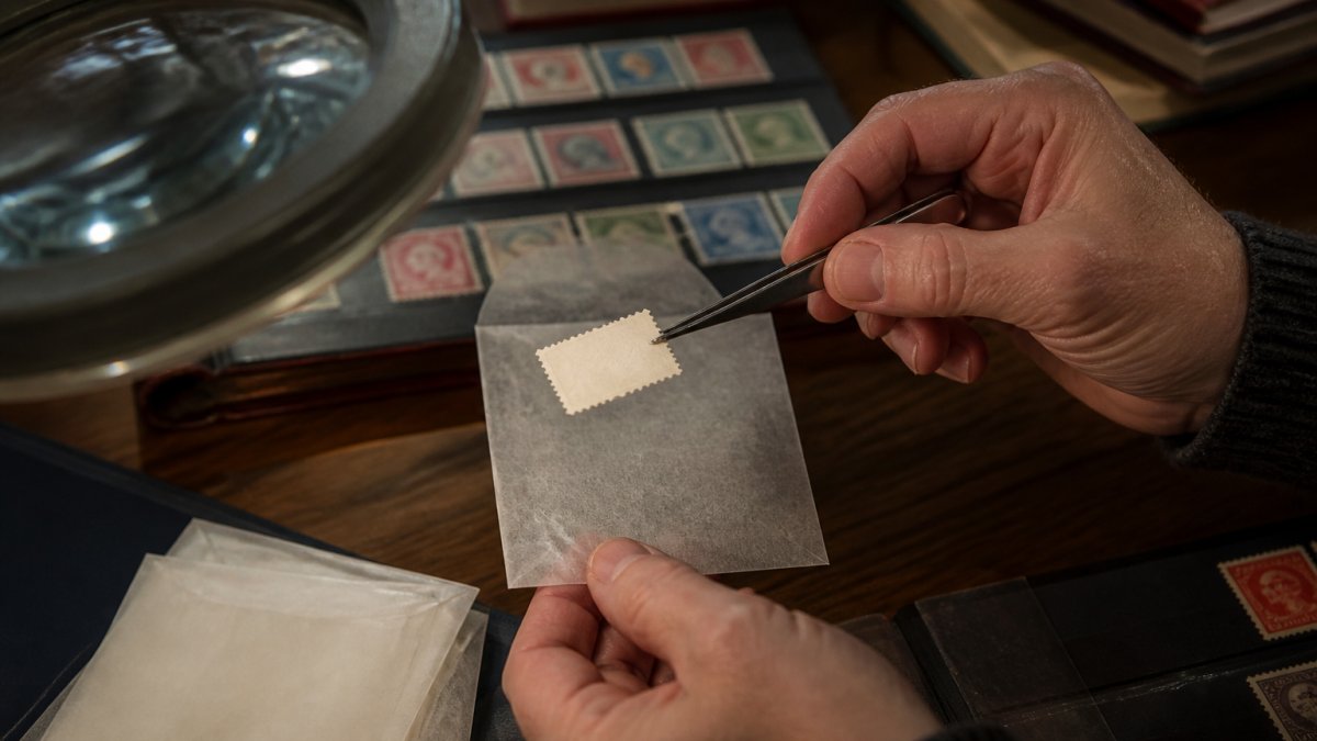 Close-up of a collector's hands holding stamp tongs over a glassine envelope, examining the gum side of a vintage PRC stamp under a desk lamp on a wooden table
