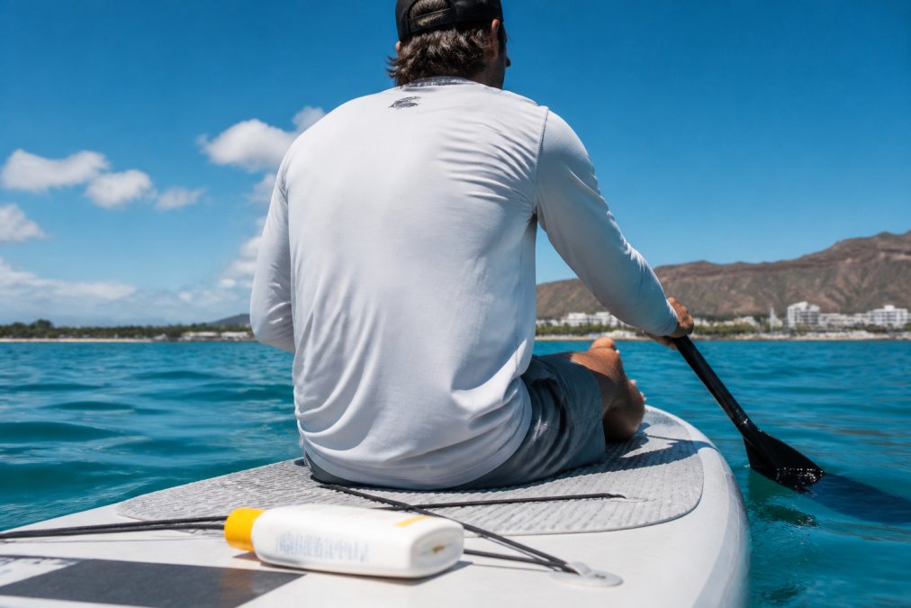 Paddler wearing a long sleeve UPF 50 shirt on sunny water with unused sunscreen nearby as you purchase upf 50 long sleeve
