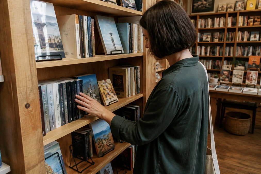 A reader browsing a wooden local author display shelf in a cozy independent bookstore, running a finger along the spines of several paperback books