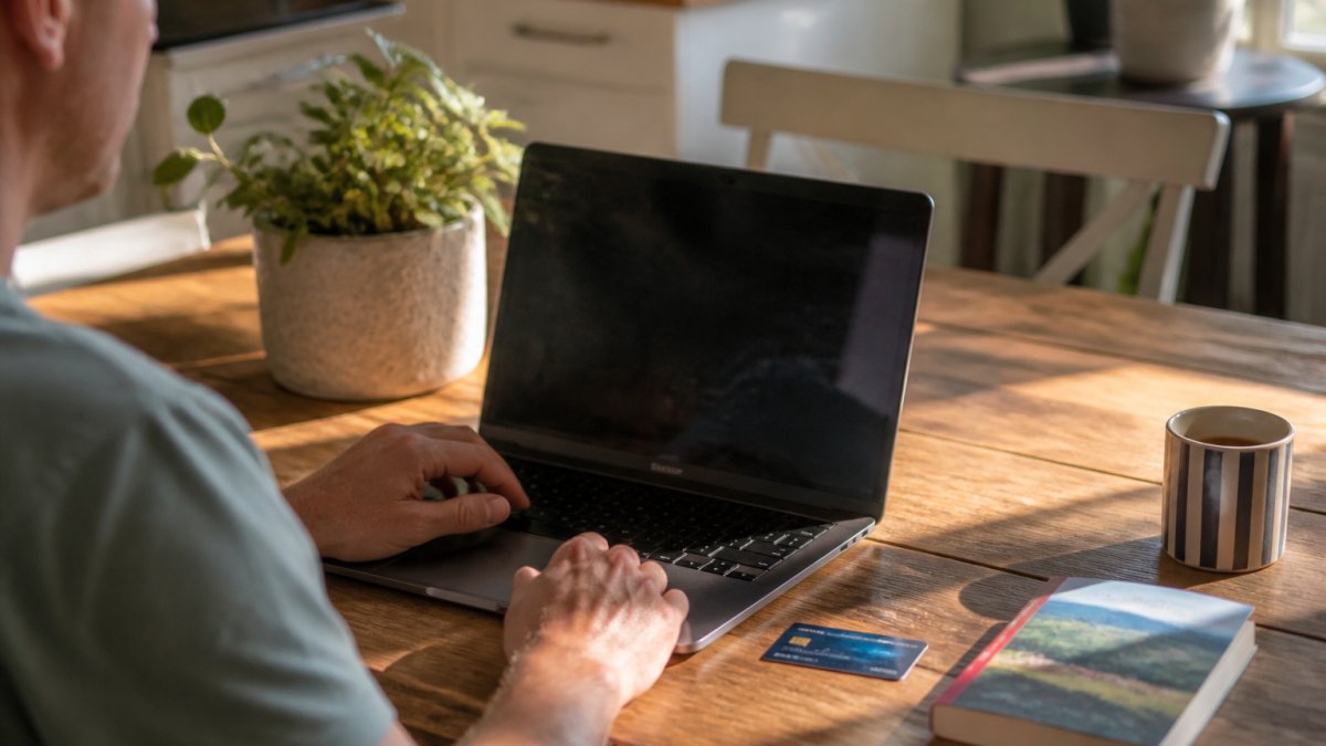 A person at a kitchen table with a laptop open to a bookstore checkout page, a credit card and a paperback book beside the keyboard, warm afternoon light