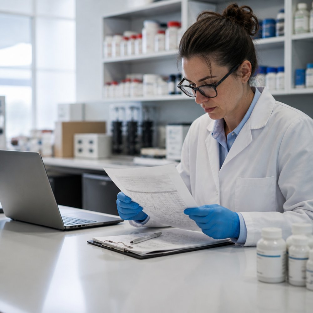 A laboratory manager in a white coat reviewing supplier documentation and a Certificate of Analysis at a clean lab bench, with a laptop and printed compliance checklist visible under bright overhead lighting