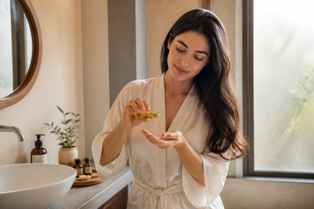 A woman with glossy, healthy hair applying a few drops of golden argan oil from a small glass bottle to her palm, standing in a softly lit bathroom with warm natural light streaming through a frosted window