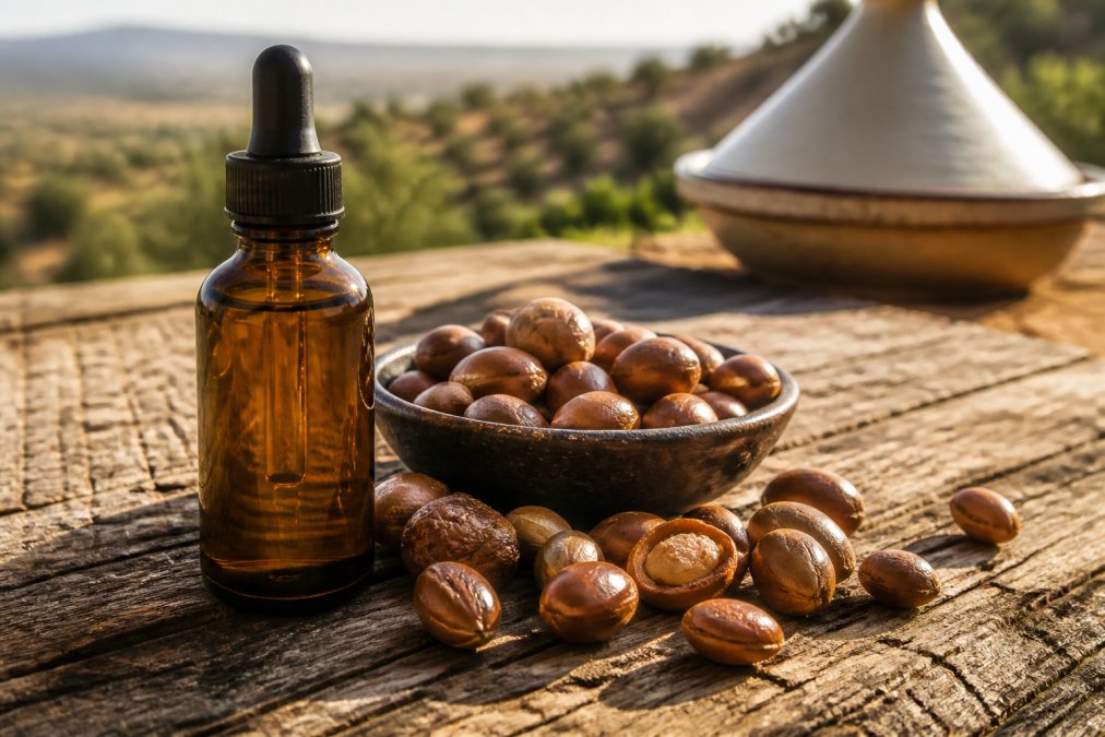 Close-up of a dark amber glass bottle of pure argan oil beside whole argan nuts arranged on a weathered wooden surface, warm afternoon light highlighting the deep golden color of the oil