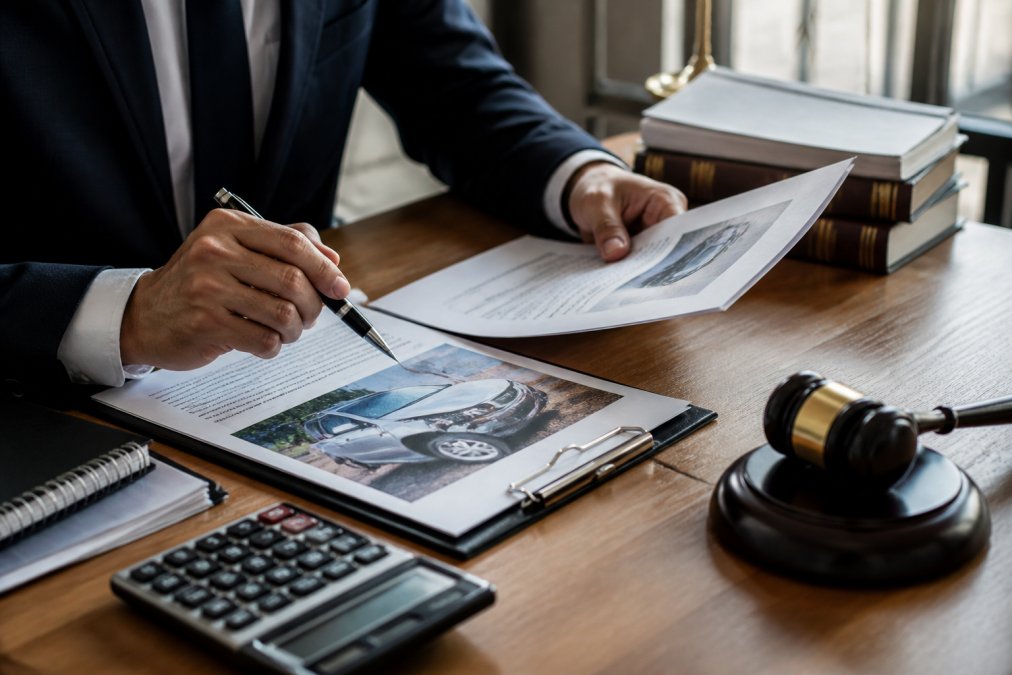 A close-up of a legal professional's hands reviewing a car accident report and insurance documents on a desk, with a calculator and pen nearby, in a well-lit office