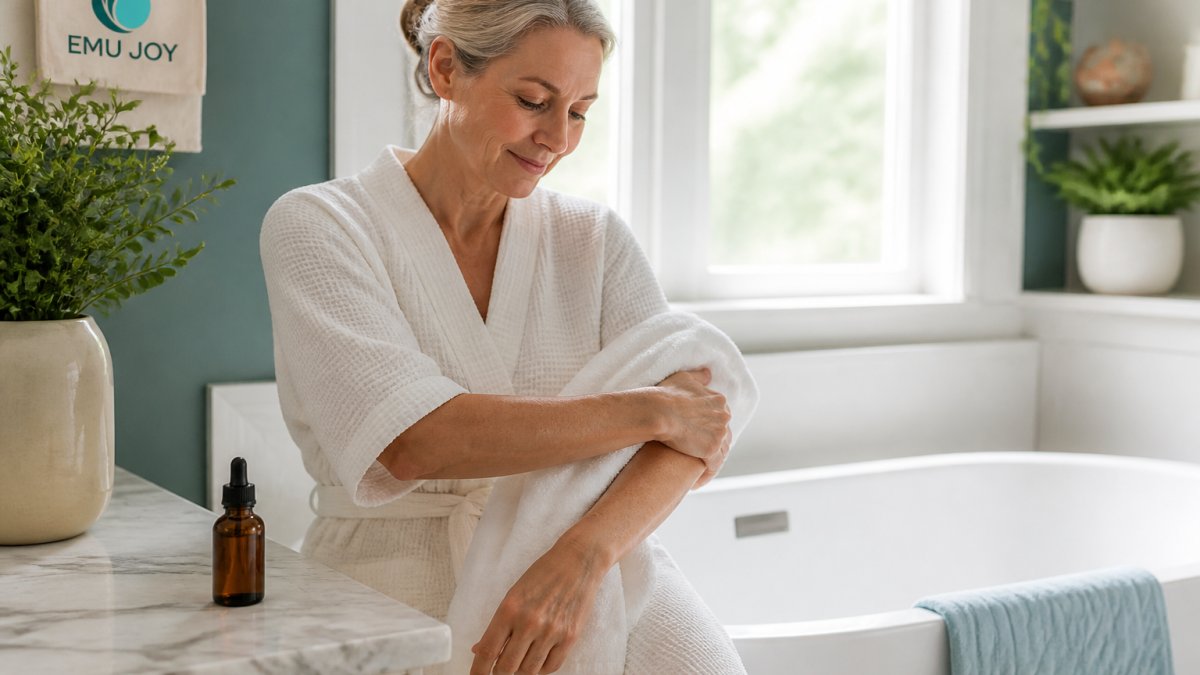 Woman in her fifties gently drying her forearm with a towel near an amber oil bottle on a bathroom counter