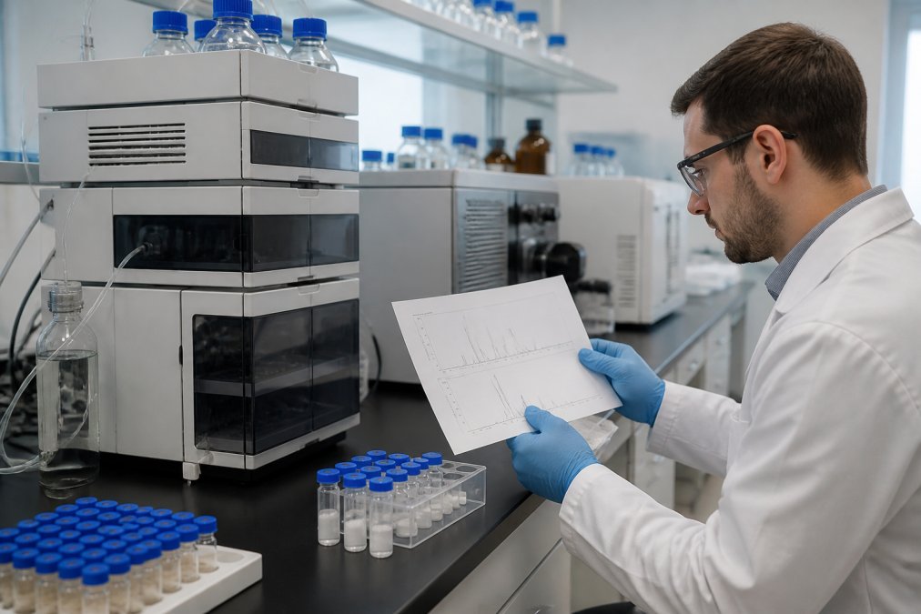 A researcher in a white lab coat and safety glasses examining an HPLC chromatogram printout beside a benchtop HPLC system in a clean analytical laboratory, with vials of lyophilized peptide samples visible on the bench