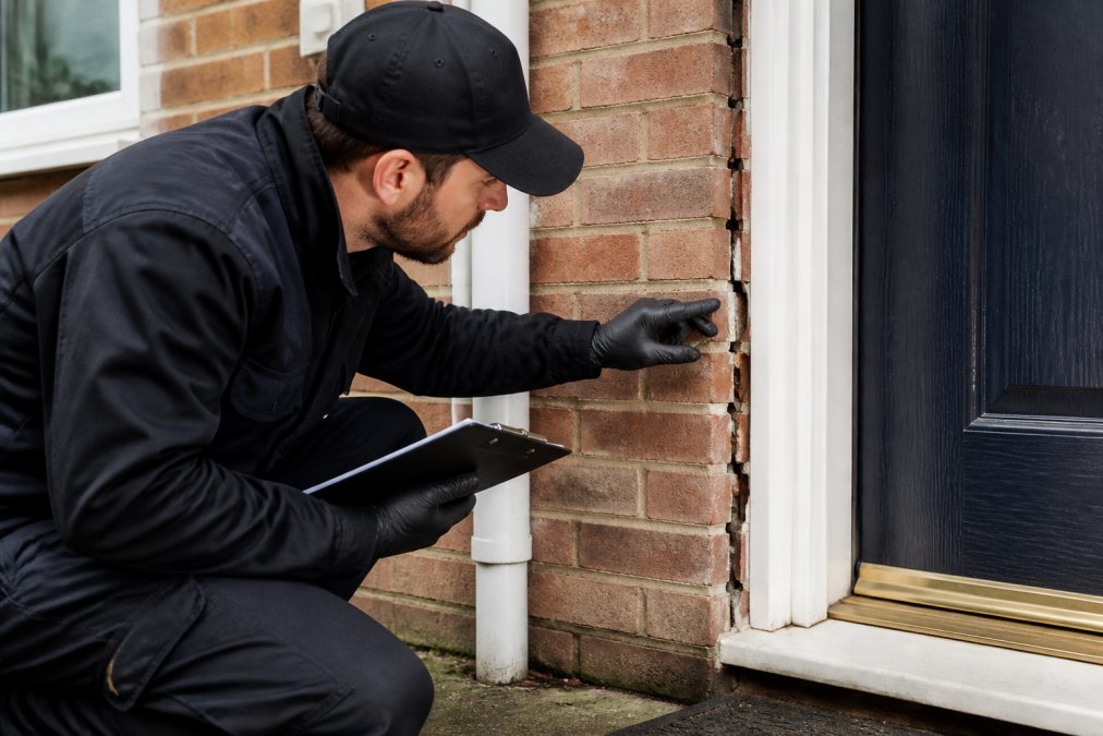 A pest control technician in dark uniform and protective gloves inspecting exterior wall cracks and gaps near a residential doorframe with a clipboard, natural daylight highlighting potential pest entry points