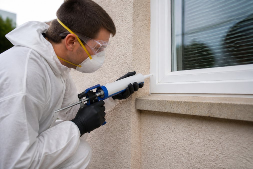 A pest control technician in protective gear carefully applying caulk sealant into a gap around a window frame with a caulking gun, demonstrating preventive sealing against pest entry