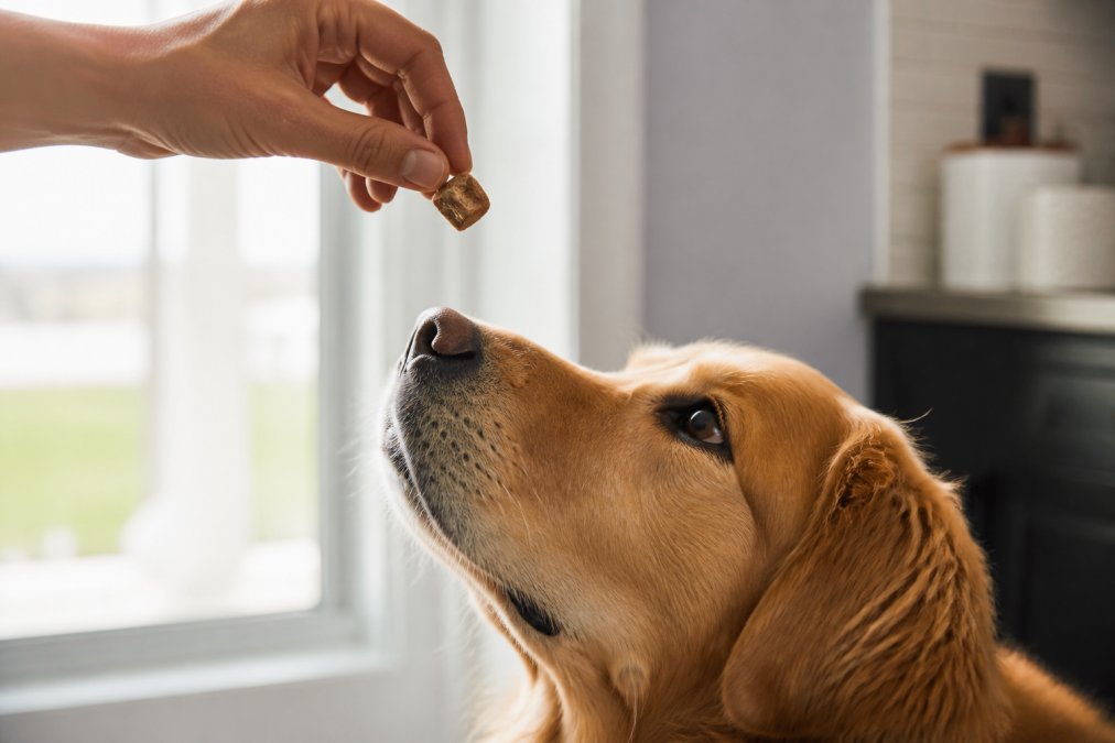 Close-up of a hand holding a small freeze-dried beef liver treat just above a dog's nose, the dog looking up expectantly with soft natural window light
