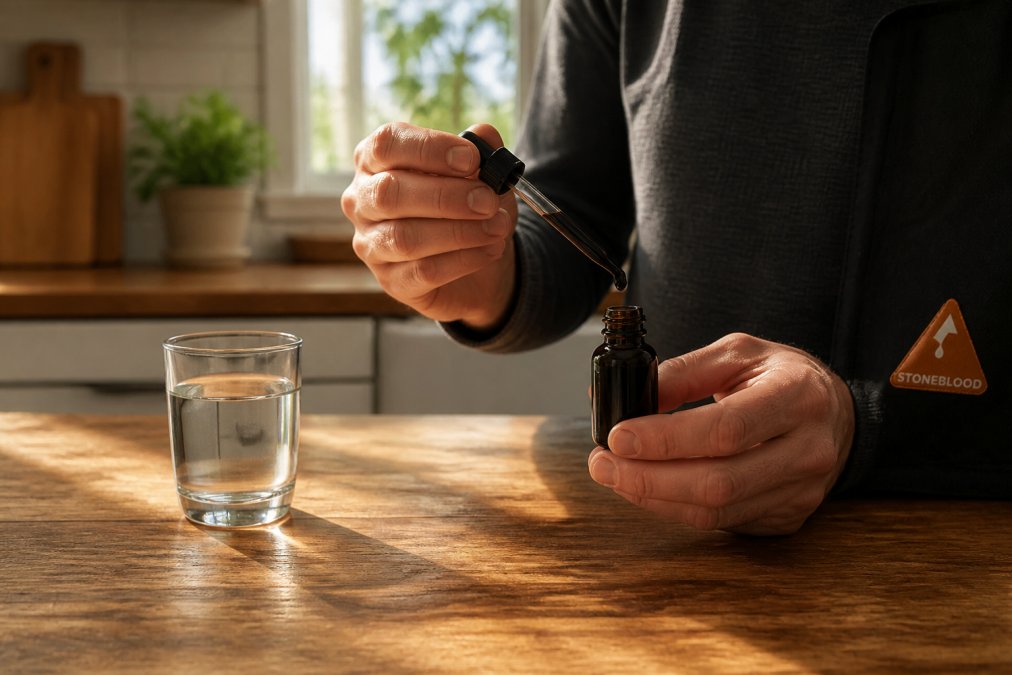 Hands holding a glass dropper bottle of dark shilajit resin next to a glass of water on a morning kitchen counter