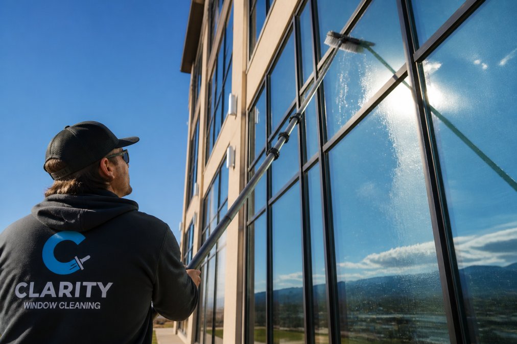 Technician using a carbon fiber pole for pure water window cleaning on a modern glass office building exterior