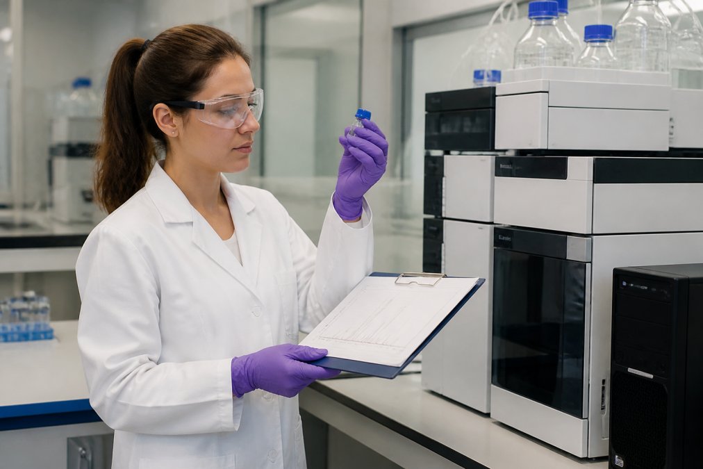 Scientist reviewing peptide chromatogram data to ensure research purity in a certified laboratory setting