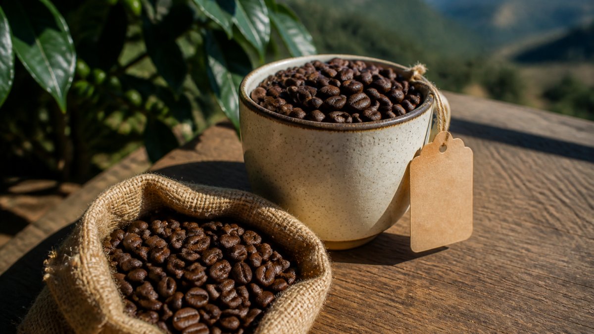 Close-up of premium whole coffee beans in ceramic cup with roast date label visible, natural light streaming across wooden surface