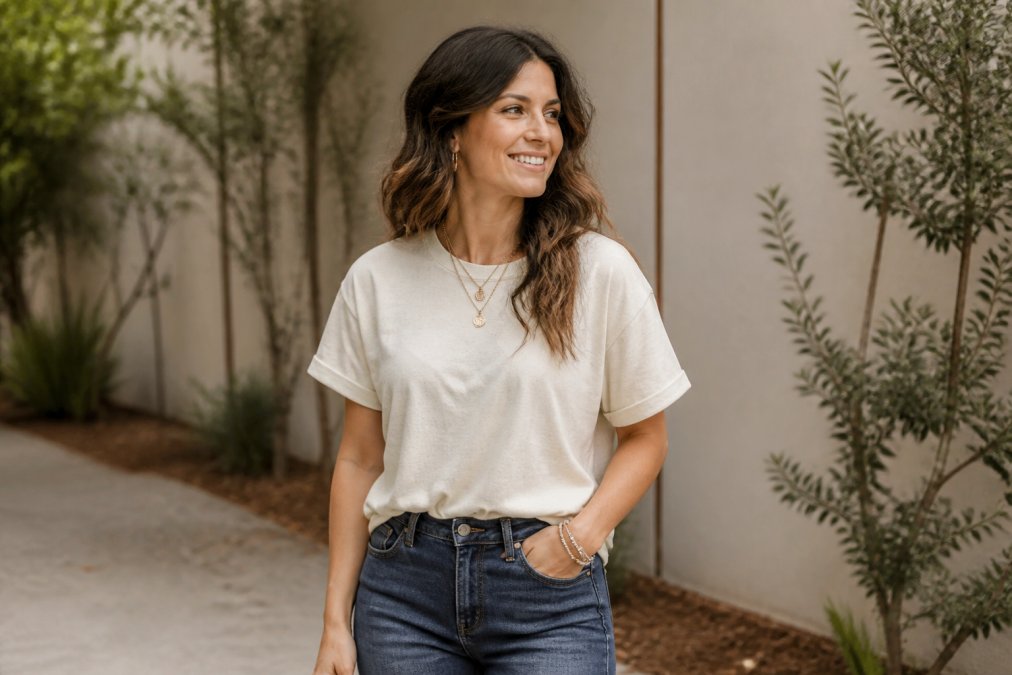 Christian woman wearing a modest faith-inspired graphic tee with elegant typography, standing confidently in natural daylight, paired with fitted jeans and delicate layered accessories, genuine smile, outdoor setting