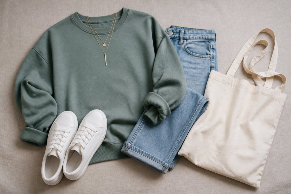 Flat lay of a faith-inspired sweatshirt, fitted jeans, white sneakers, delicate gold layered necklaces, and a canvas tote bag arranged on a neutral beige background, showing multiple styling directions